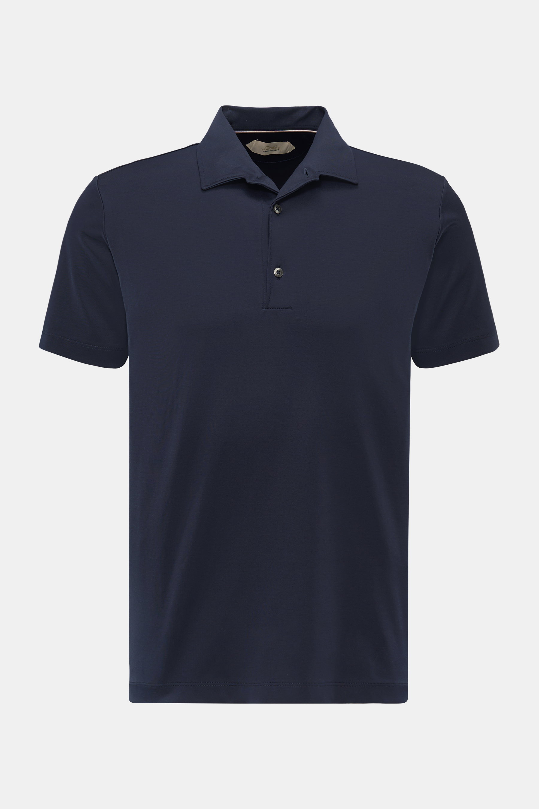 Aurélien Jersey Poloshirt navy, frontal fotografiert, Slim Fit aus ägyptischer Baumwolle, Polokragen, 3-Knopf-Leiste, kurze Saumschlitze, dezentes Logo-Stitching.