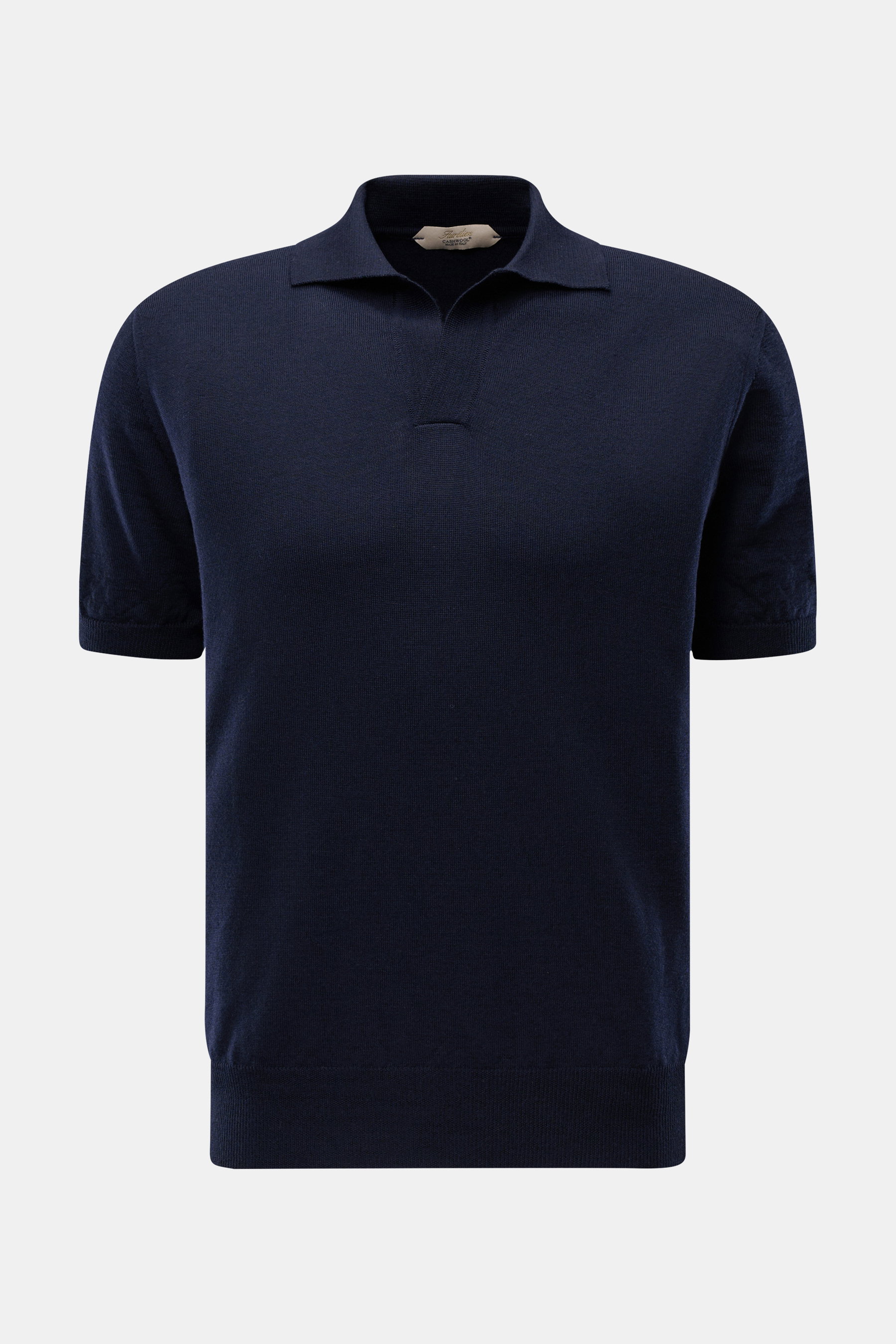 Aurélien Kurzarm-Strickpolo 'Cashwool' navy, frontale Ansicht, reine Merinowolle, weicher Griff, Slim Fit, klassischer Polokragen, offene Kragenleiste, komfortable Rippbündchen, feines Strickbild.