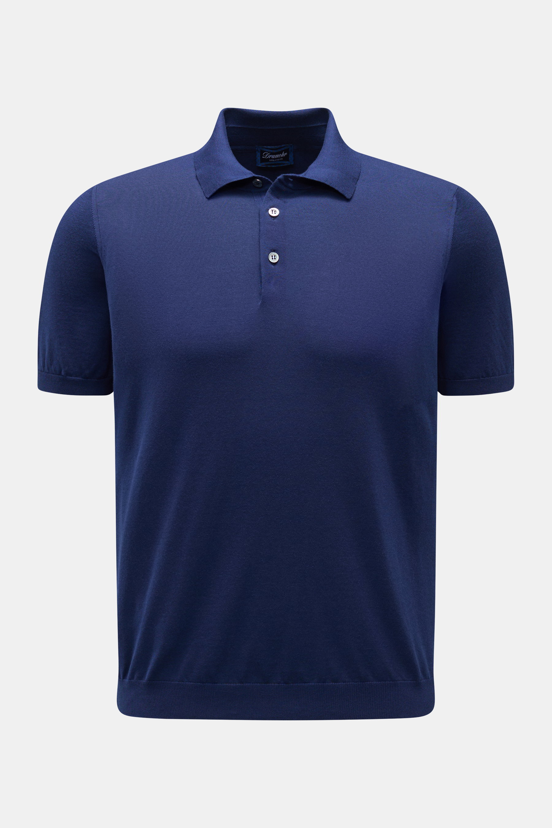 Front view of the Drumohr Kurzarm-Strickpolo navy, a slim fit short-sleeve knit polo made in Italy from breathable, soft cotton with a typical polo collar, three-button placket, elastic ribbed cuffs, and a fine knit texture, perfect for summer outfits.