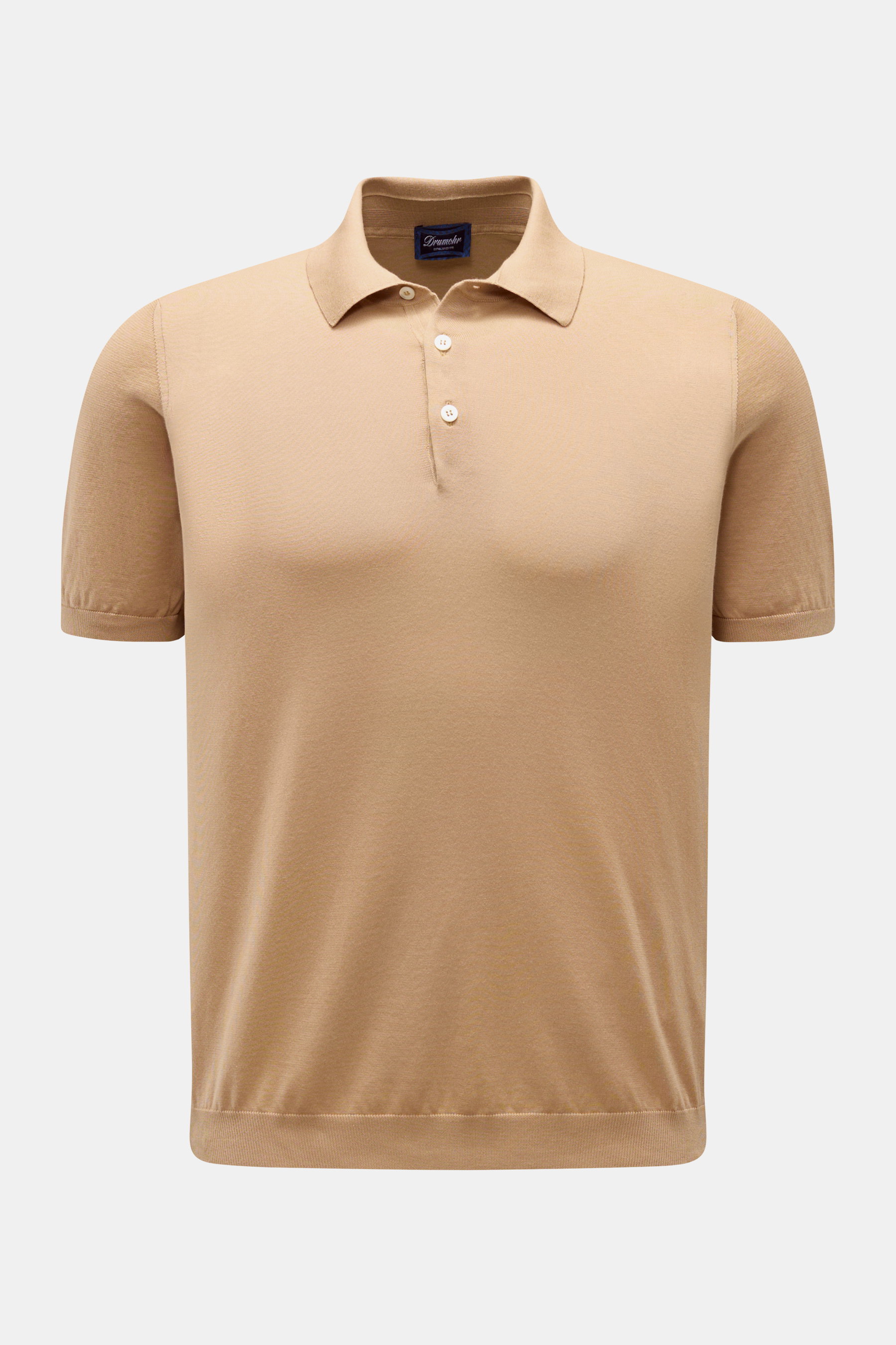 Front view of Drumohr Short sleeve knit polo light brown, a slim fit Italian-made polo with a soft, breathable cotton knit, signature collar, three-button placket, and elasticated ribbed bands. A fine essential from label DRUMOHR: This Italian-made short 