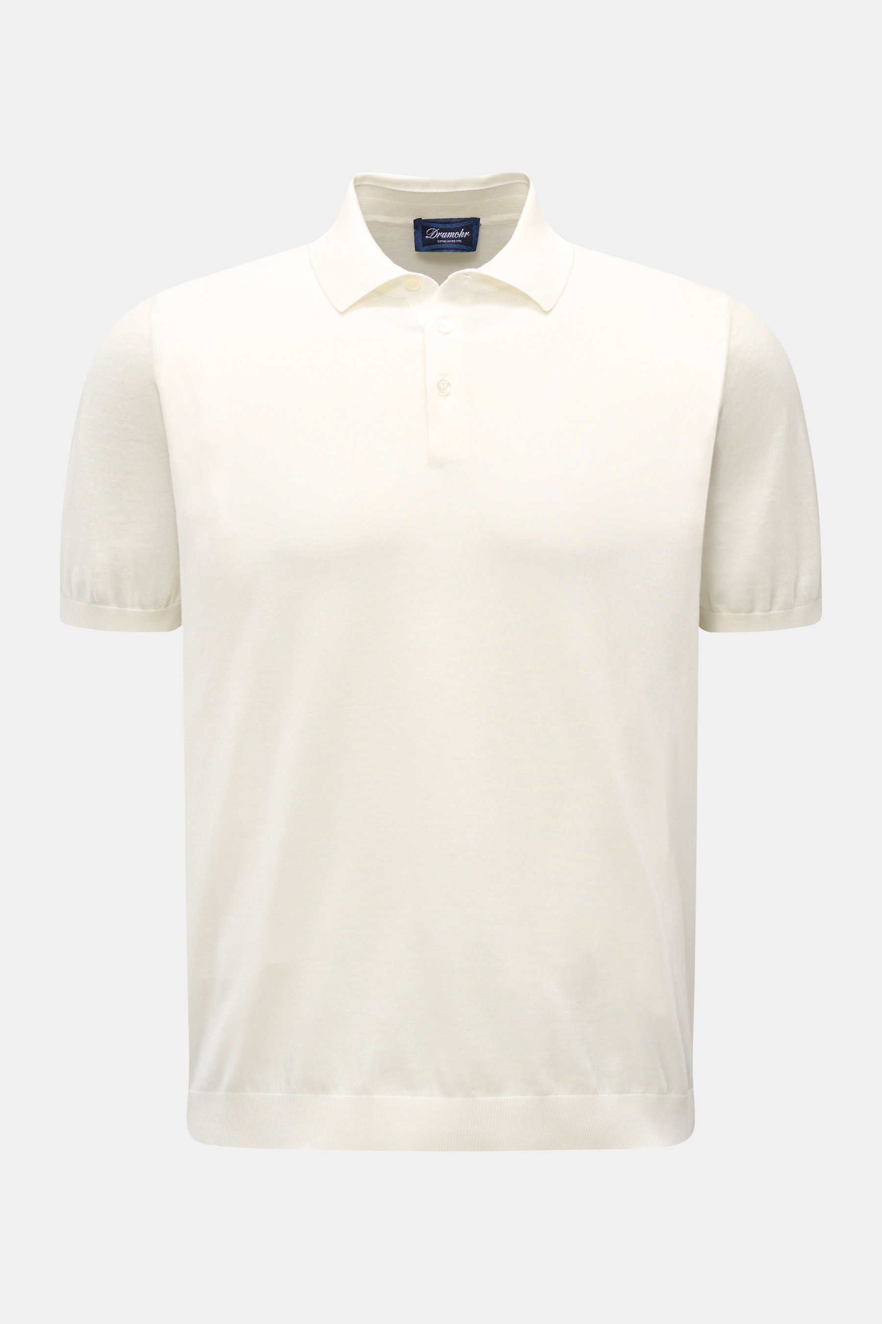 Front view of Drumohr Short sleeve knit polo shirt off-white, slim fit with a signature collar, three-button placket, and ribbed bands.

Description: 
<p>A fine essential from label DRUMOHR: This Italian-made short sleeve knit polo is made of breathable, 