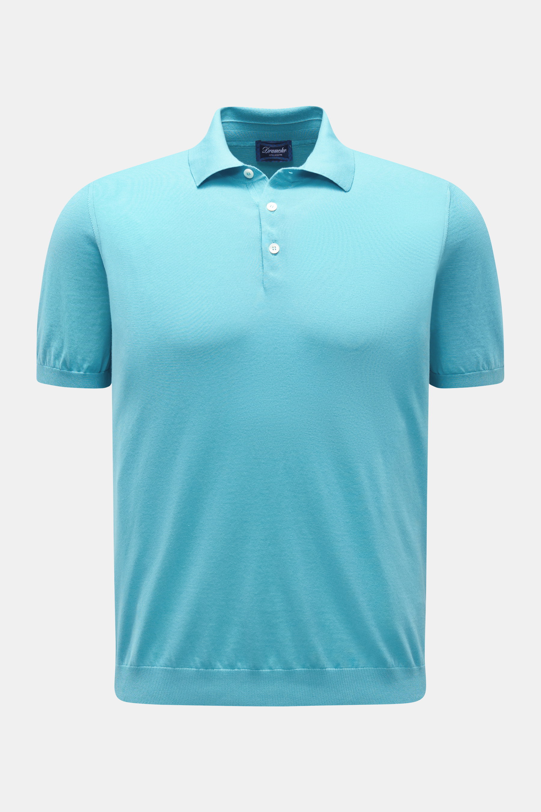 Front view of Drumohr Short sleeve knit polo azure in fine, soft, breathable cotton with slim fit, signature collar, three-button placket, and elasticated ribbed bands. A fine essential from label DRUMOHR: This Italian-made short sleeve knit polo is made 