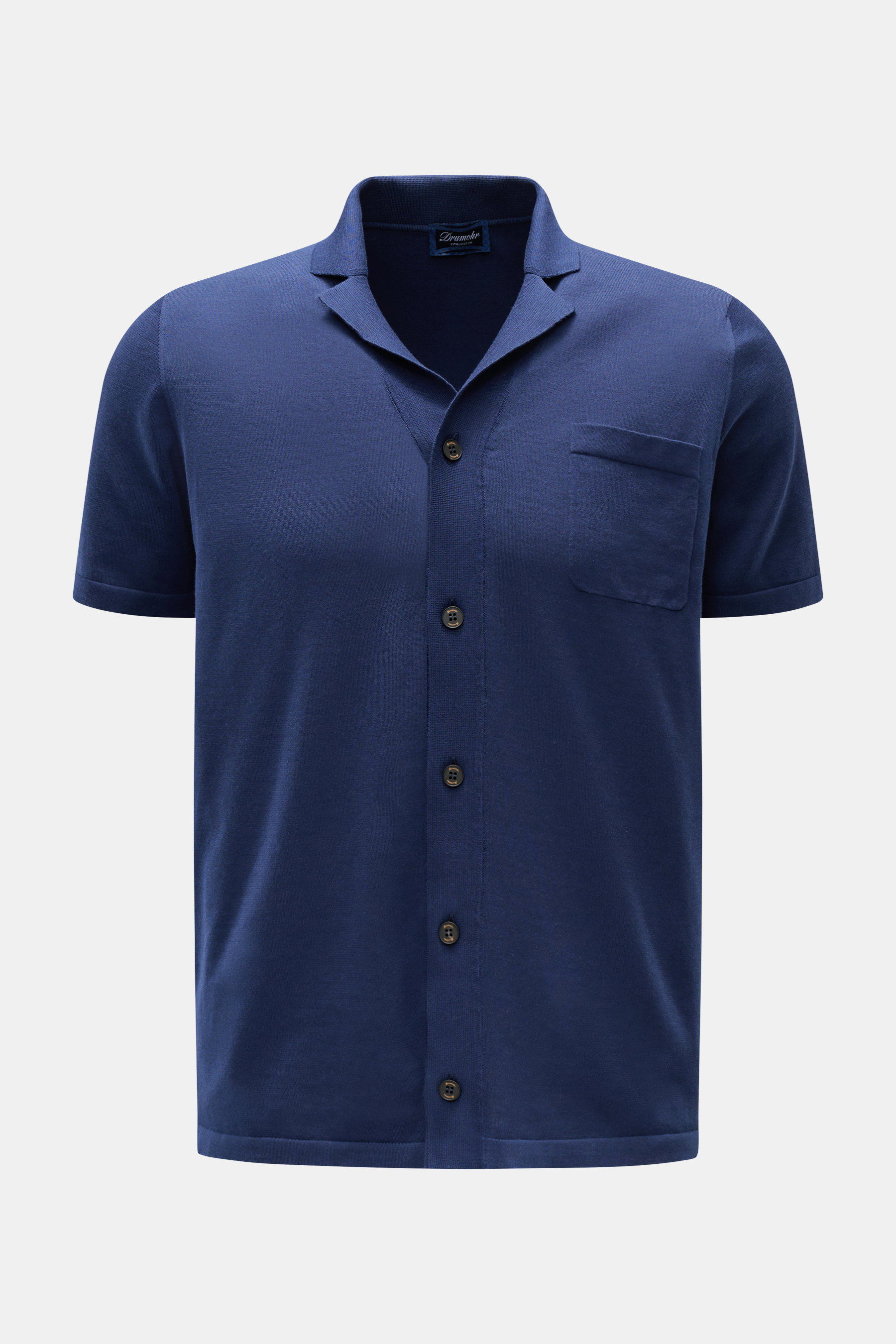 Front view of Drumohr Short sleeve knit shirt dark blue with Cuban collar, straight hem, button closure, and chest pocket, made of pure cotton.

<p>Stylish casual look: This knit shirt by DRUMOHR is a versatile piece for your spring wardrobe.</p>
<ul>
<li