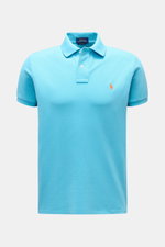 Polo Ralph Lauren Poloshirt azurblau, frontale Ansicht, Slim Fit, reine Baumwolle, Piqué-Struktur, Polokragen, Zwei-Knopf-Leiste, Logo-Stitching, elastische Ärmelbündchen.