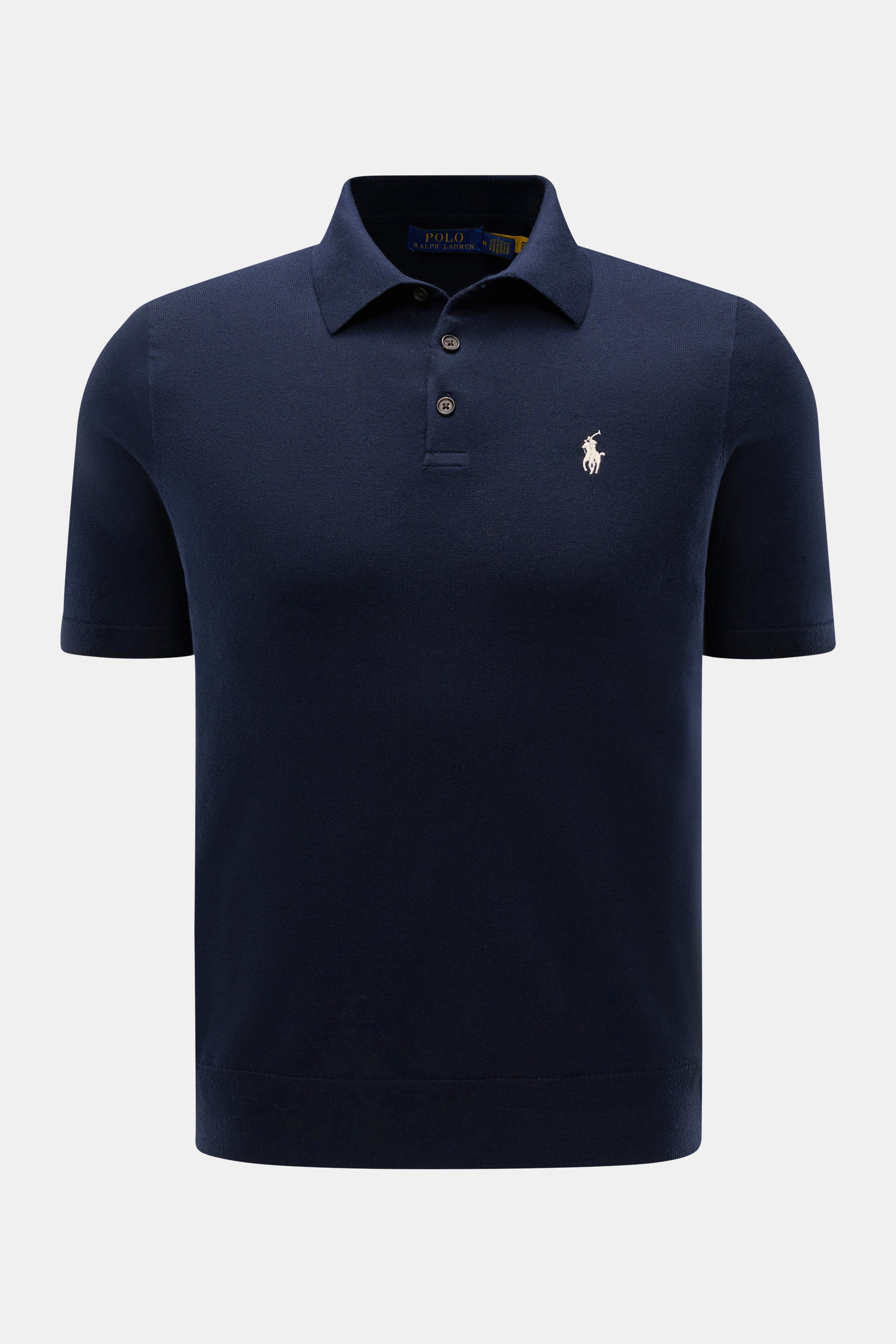 Front view of Polo Ralph Lauren Short sleeve knit polo shirt navy in fine cotton knit with signature logo, collar, and three-button placket.

<p>A summery classic: This short-sleeved knit polo by POLO RALPH LAUREN combines a timeless design with maximum c