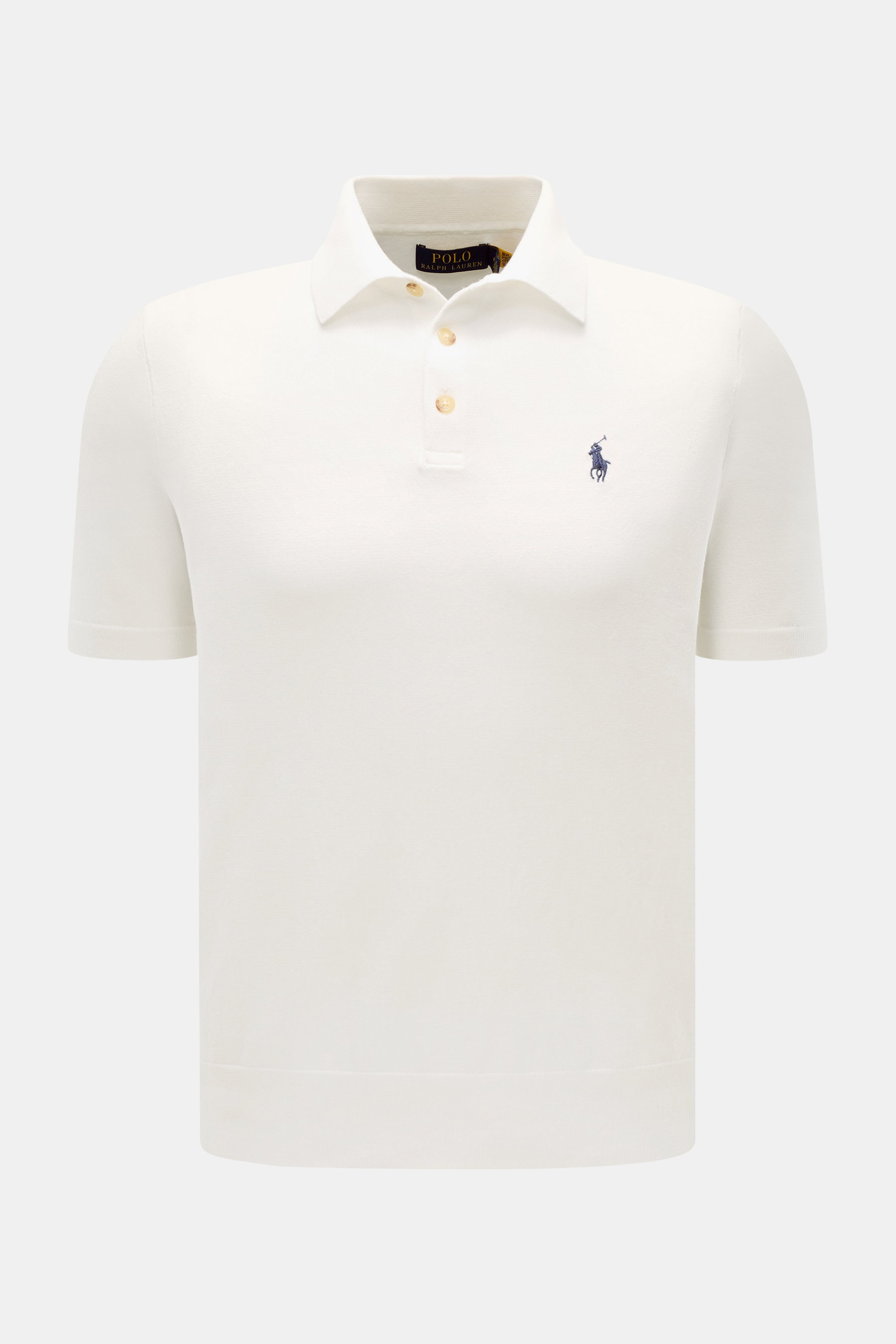 Polo Ralph Lauren Kurzarm-Strickpolo offwhite shown from front, featuring cotton knit, slim fit, polo collar, 3 buttons, logo stitching, elastic cuffs and hem. <p>Sommerlicher Klassiker: Das Kurzarm-Strickpolo von POLO RALPH LAUREN verbindet zeitloses Des
