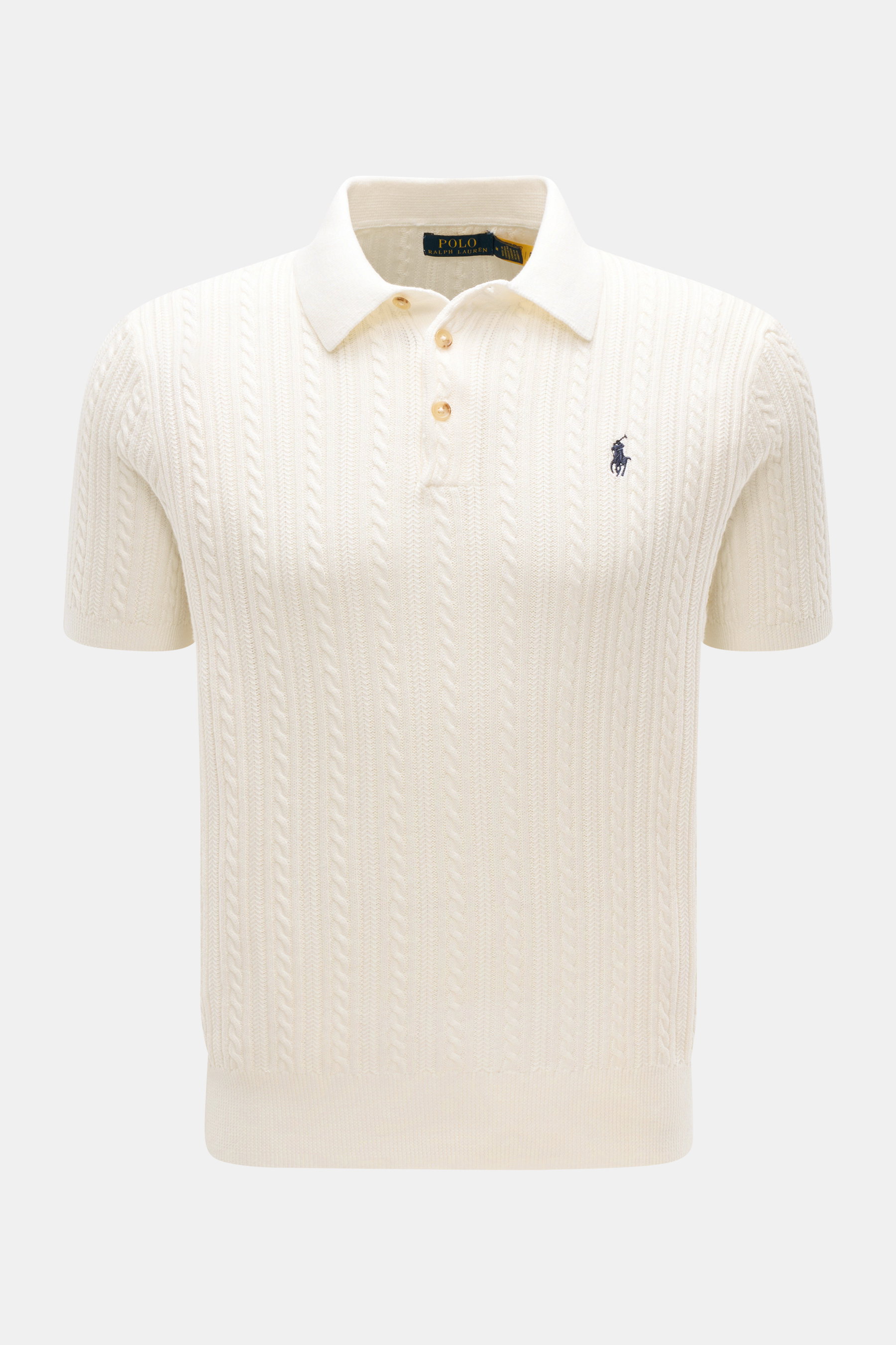 Front view of Polo Ralph Lauren Short sleeve knit polo shirt off-white with cable knit pattern, three-button placket, and logo stitching.

<p>Versatile classic: This short-sleeved knit polo by POLO RALPH LAUREN delivers maximum comfort and catches the eye