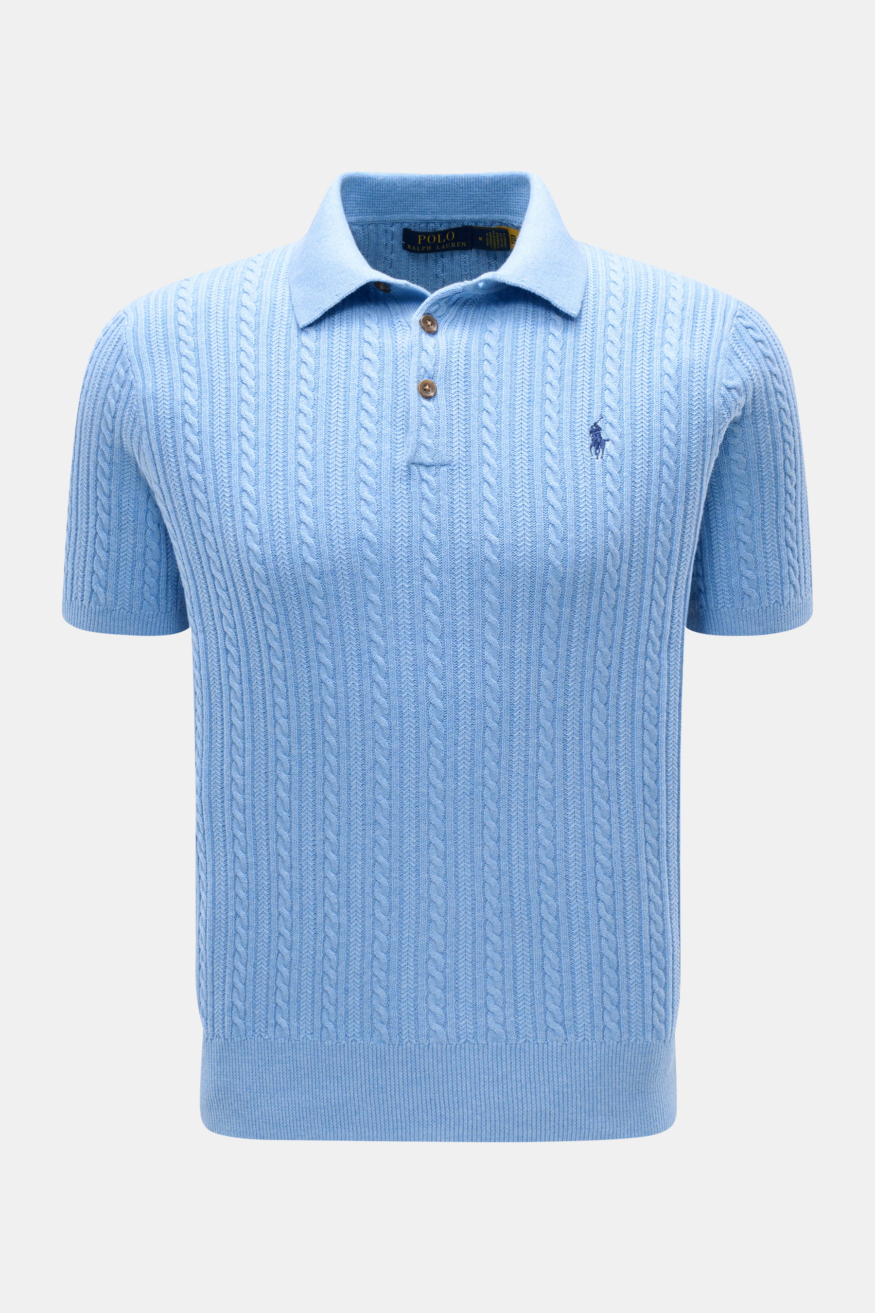 Front view of Polo Ralph Lauren Short sleeve knit polo light blue with fine cable knit pattern, collar, and three-button placket.

<p>Versatile classic: This short-sleeved knit polo by POLO RALPH LAUREN delivers maximum comfort and catches the eye on hot 