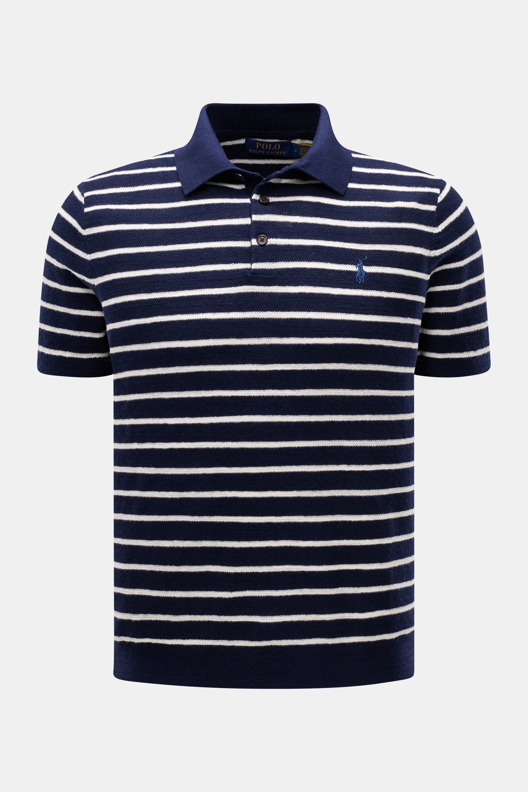 Front view of Polo Ralph Lauren Kurzarm-Strickpolo navy/weiß gestreift with maritime white stripes on navy, slim fit, three-button placket, typical polo collar, elastic cuffs and waistband, and logo stitching. Maritimer Blickfang: Das Kurzarm-Strickpolo v