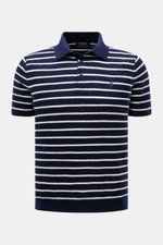 Polo Ralph Lauren Kurzarm-Strickpolo navy/weiß gestreift, frontale Nahaufnahme, maritimes Streifenmuster, Baumwoll-Leinen-Mix, Slim Fit, Polokragen, drei Knöpfe, elastische Bündchen und Bund.