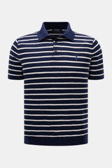 Polo Ralph Lauren Kurzarm-Strickpolo navy/weiß gestreift, frontale Nahaufnahme, maritimes Streifenmuster, Baumwoll-Leinen-Mix, Slim Fit, Polokragen, drei Knöpfe, elastische Bündchen und Bund.