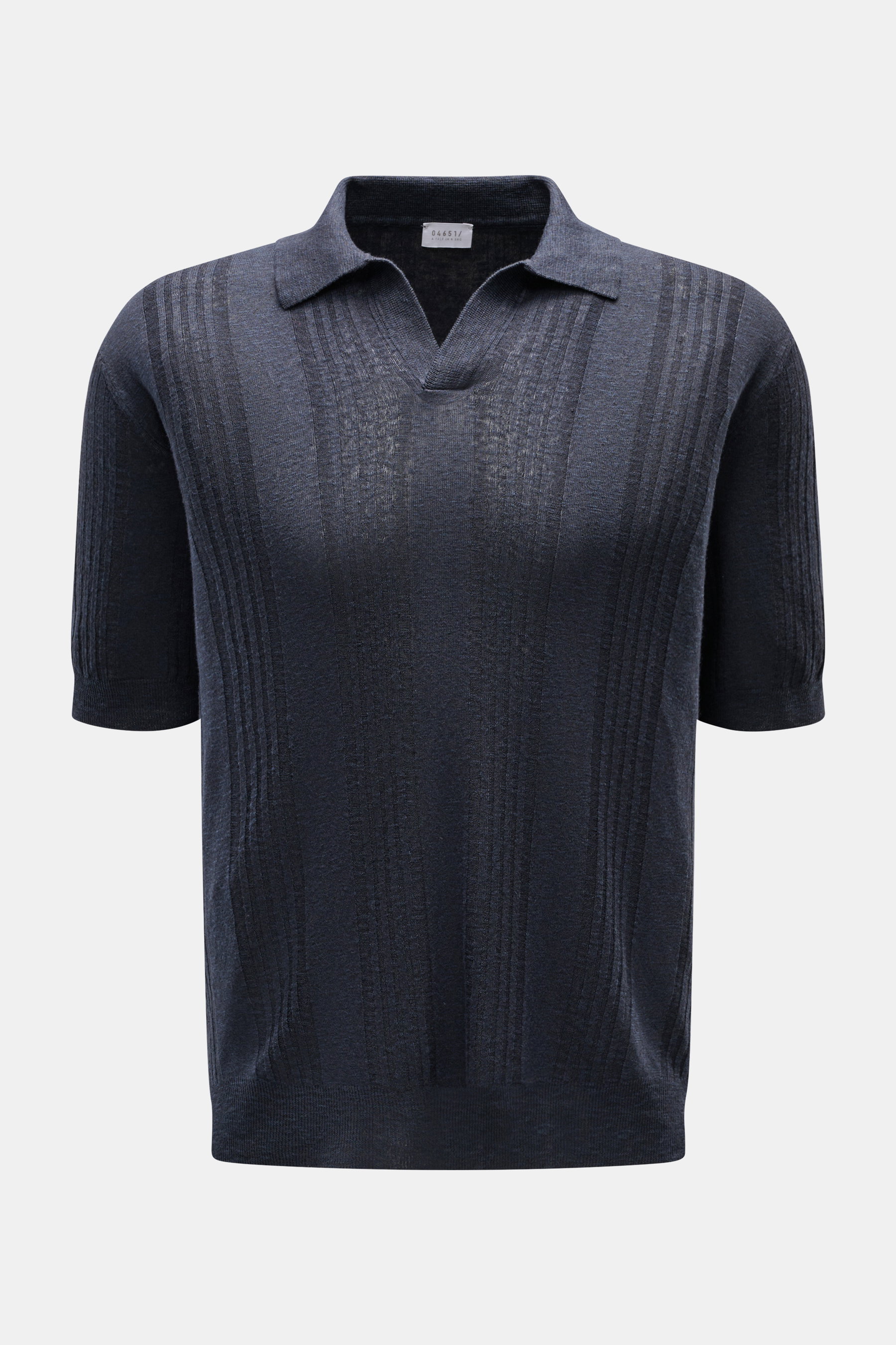 Front view of the 04651/ A trip in a bag Short sleeve knit polo 'Johnny' navy, featuring a subtle striped textured knit, oversized fit, and classic collar. 

<p>Modern classic: This short sleeve knit polo by 04651/ A TRIP IN A BAG has a clean striped look