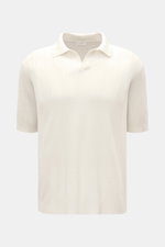 Front view of 04651/ A trip in a bag Short sleeve knit polo 'Johnny' cream, a modern classic with subtle striped textured knit and open collar.

Description:
<p>Modern classic: This short sleeve knit polo by 04651/ A TRIP IN A BAG has a clean striped look
