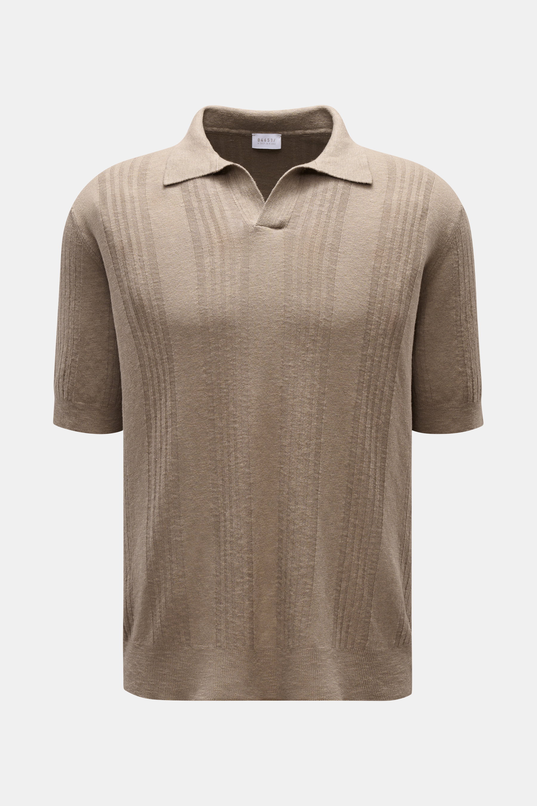 Front view of 04651/ A trip in a bag Short sleeve knit polo 'Johnny' taupe with subtle vertical stripes, classic collar, and ribbed bands.

<p>Modern classic: This short sleeve knit polo by 04651/ A TRIP IN A BAG has a clean striped look that makes a styl