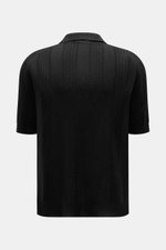 Back view of the 04651/ A trip in a bag Short sleeve knit polo 'Johnny' black, showing subtle striped texture and oversized fit.

Description:
<p>Modern classic: This short sleeve knit polo by 04651/ A TRIP IN A BAG has a clean striped look that makes a s