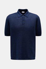 04651/ A trip in a bag Kurzarm-Strickpolo 'Hansen' navy, frontale Ansicht, Oversized Fit, feines Jacquard-Muster, Leinen-Baumwoll-Mix, klassischer Polokragen