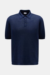 04651/ A trip in a bag Kurzarm-Strickpolo 'Hansen' navy, frontale Ansicht, Oversized Fit, feines Jacquard-Muster, Leinen-Baumwoll-Mix, klassischer Polokragen