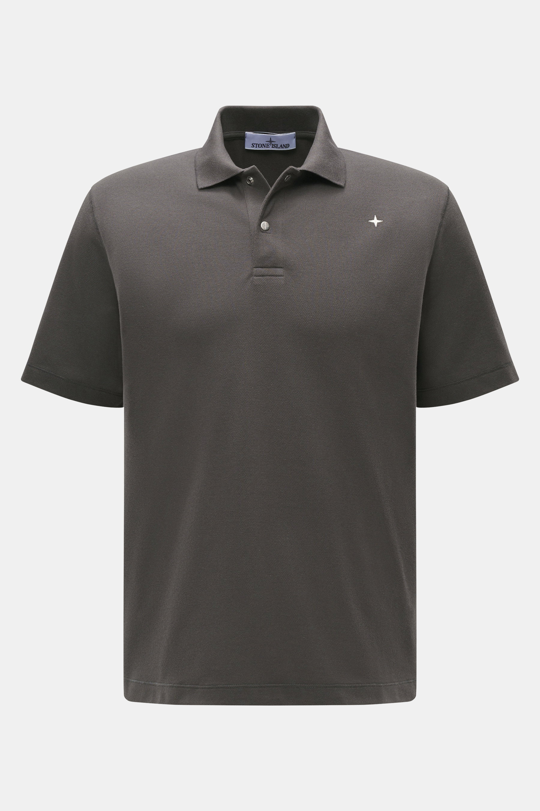 Front view of Stone Island Polo shirt 'Stellina' dark grey, piqué made of pure cotton, textured feel, garment dyed, slim fit, typical polo collar, two-button placket with snap fasteners, subtle Stellina stitching on the front.