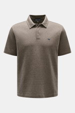 Front view of the Emporio Armani Jersey Polo Shirt Gray Brown Melange, made of cotton-microfiber jersey with a lightly textured structure, regular fit, classic polo collar, two-button placket, and logo stitching on the chest. Sporty casualness: The EMPORI