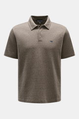 Front view of the Emporio Armani Jersey Polo Shirt Gray Brown Melange, made of cotton-microfiber jersey with a lightly textured structure, regular fit, classic polo collar, two-button placket, and logo stitching on the chest. Sporty casualness: The EMPORI