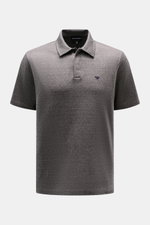 Front view of Emporio Armani Jersey Polo Shirt Grey Melange, featuring a slightly textured cotton and microfiber jersey, regular fit, classic polo collar, two-button placket, and chest logo stitching. Sporty casualness: The EMPORIO ARMANI polo shirt combi