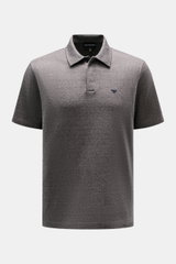Front view of Emporio Armani Jersey Polo Shirt Grey Melange, featuring a slightly textured cotton and microfiber jersey, regular fit, classic polo collar, two-button placket, and chest logo stitching. Sporty casualness: The EMPORIO ARMANI polo shirt combi