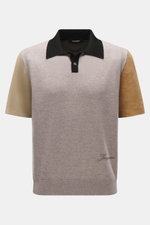 Front view of Jacquemus Merino Knit Polo 'Arlequin' taupe/grey brown melange, slightly elastic merino wool, regular fit, color-contrasted polo collar, sleeves in contrasting color and material, logo stitching on the hem, color-contrasted back side, decora