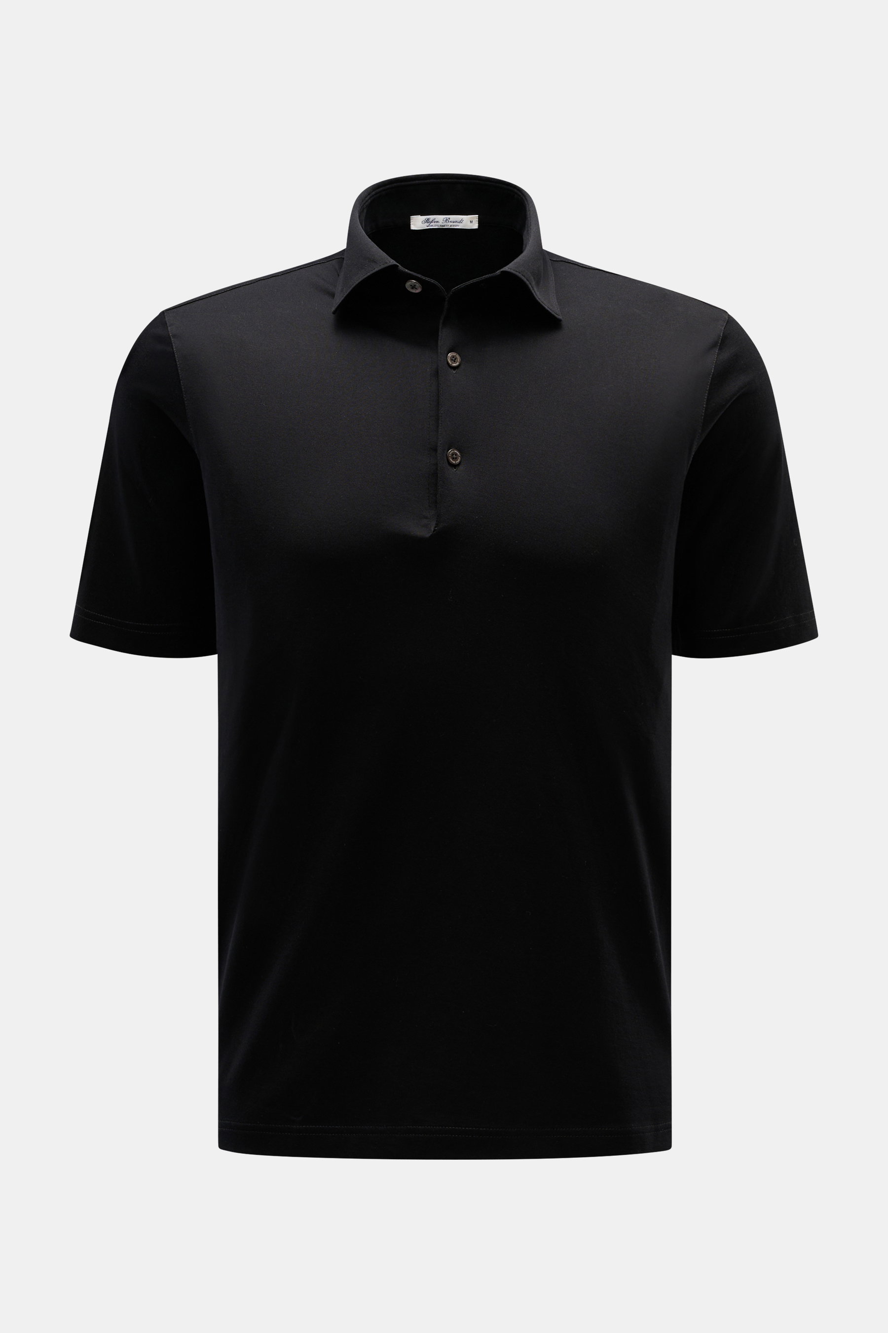 Stefan Brandt Jersey-Poloshirt 'Luca' schwarz, Slim Fit, Jersey aus Sea Island Baumwolle, weiche Haptik, Polokragen, Drei-Knopf-Leiste, Saumschlitze, leicht verlängerte Rückseite, Frontansicht.
