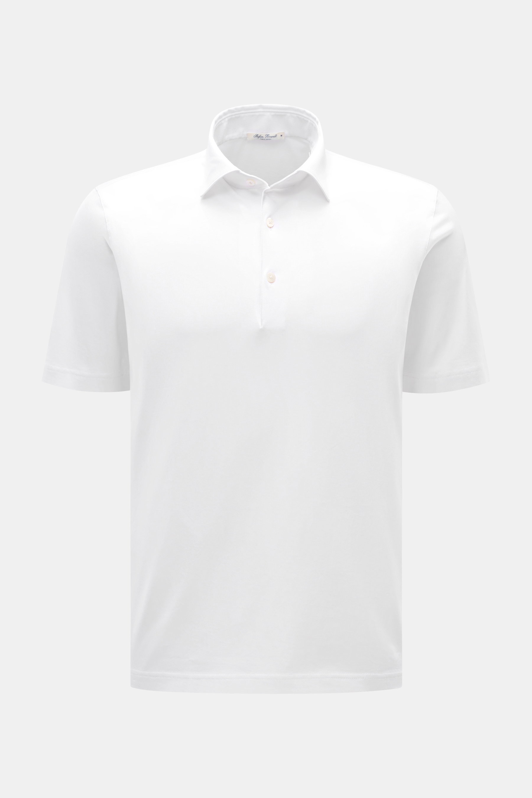 Stefan Brandt Jersey-Poloshirt 'Luca' weiß, Slim Fit, aus reiner Sea Island Baumwolle, weiche Haptik, Polokragen, Drei-Knopf-Leiste, Saumschlitze, leicht verlängerte Rückseite, frontale Sicht