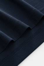 Nahaufnahme des dunkelblauen Stefan Brandt Jersey-Poloshirts 'Luca' dark navy, Jersey aus reiner Sea Island Baumwolle, weiche Haptik, Slim Fit, Polokragen, Drei-Knopf-Leiste, kurze Saumschlitze, leicht verlängerte Rückseite, Detailansicht der Stoffstruktu