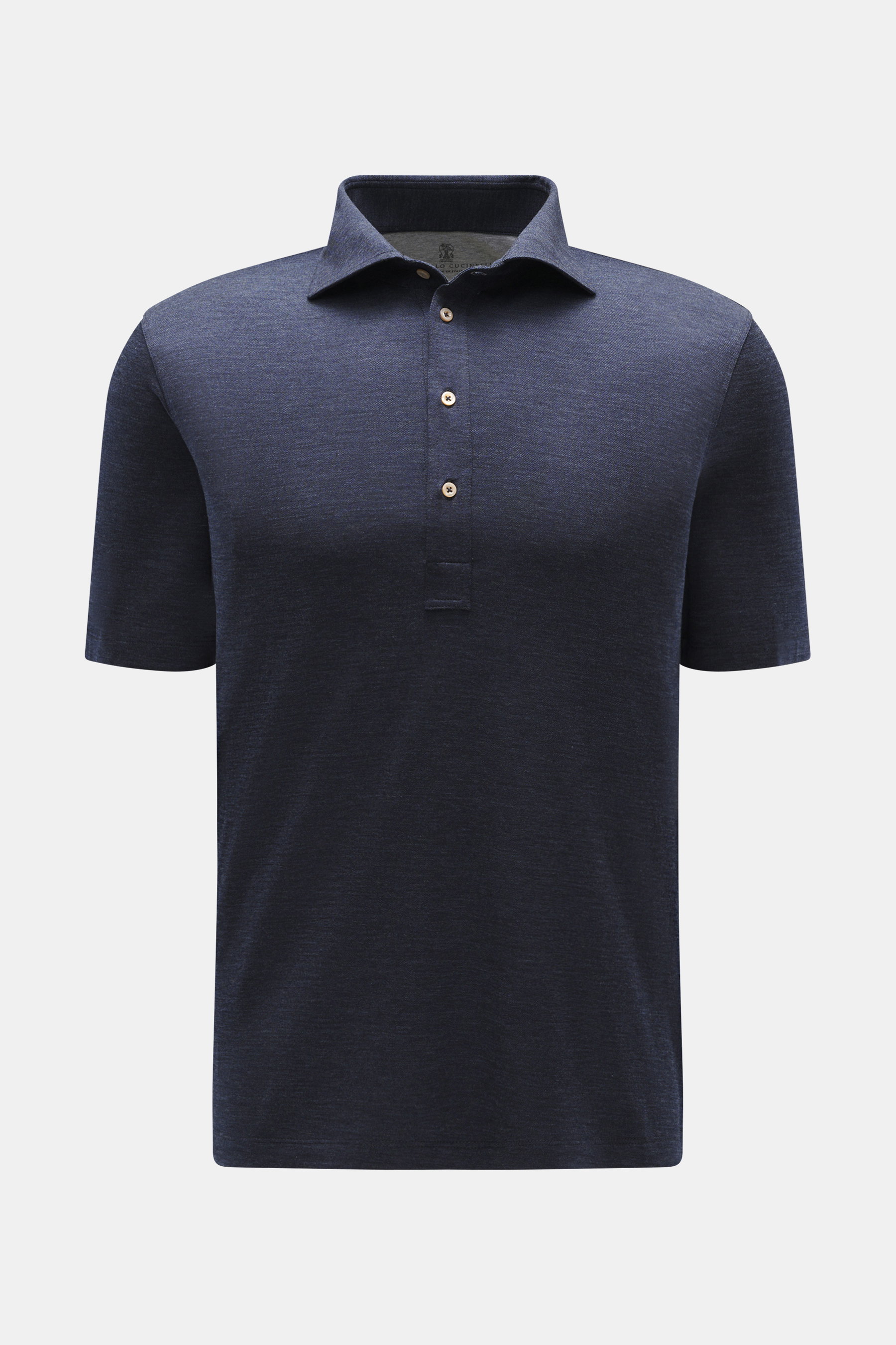Front view of Brunello Cucinelli Jersey polo shirt dark blue melange, made from a soft wool blend jersey with tailored collar, three-button placket, and short hem slits. Clean essential first choice: Lovers of quiet luxury are well equipped with this time