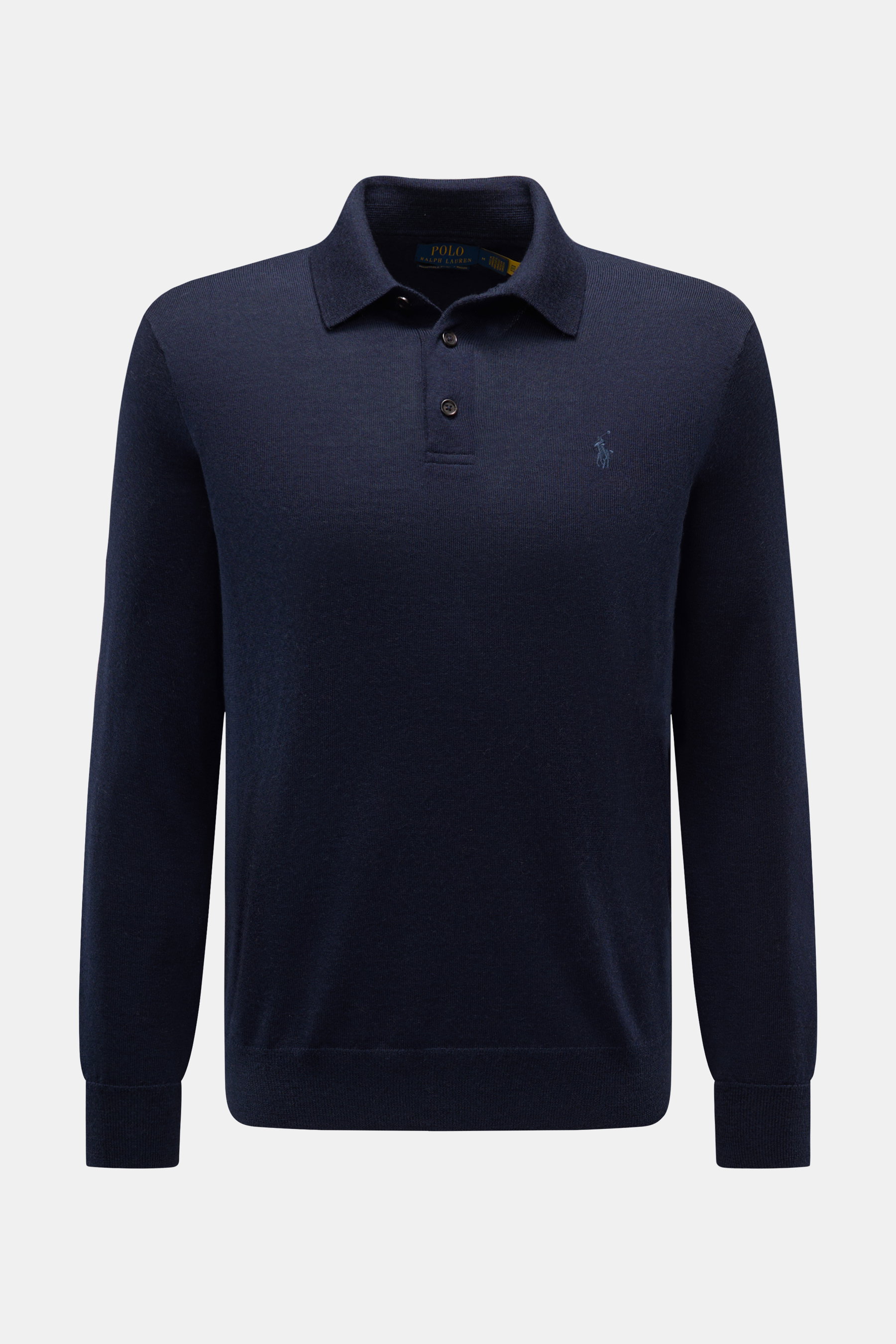 Polo Ralph Lauren Merino Strickpolo navy, Slim Fit, aus reiner Merinowolle mit weichem Griff, feinem Strickbild, gestricktem Polokragen, Drei-Knopf-Leiste, elastischen Rippbündchen, frontal fotografiert.