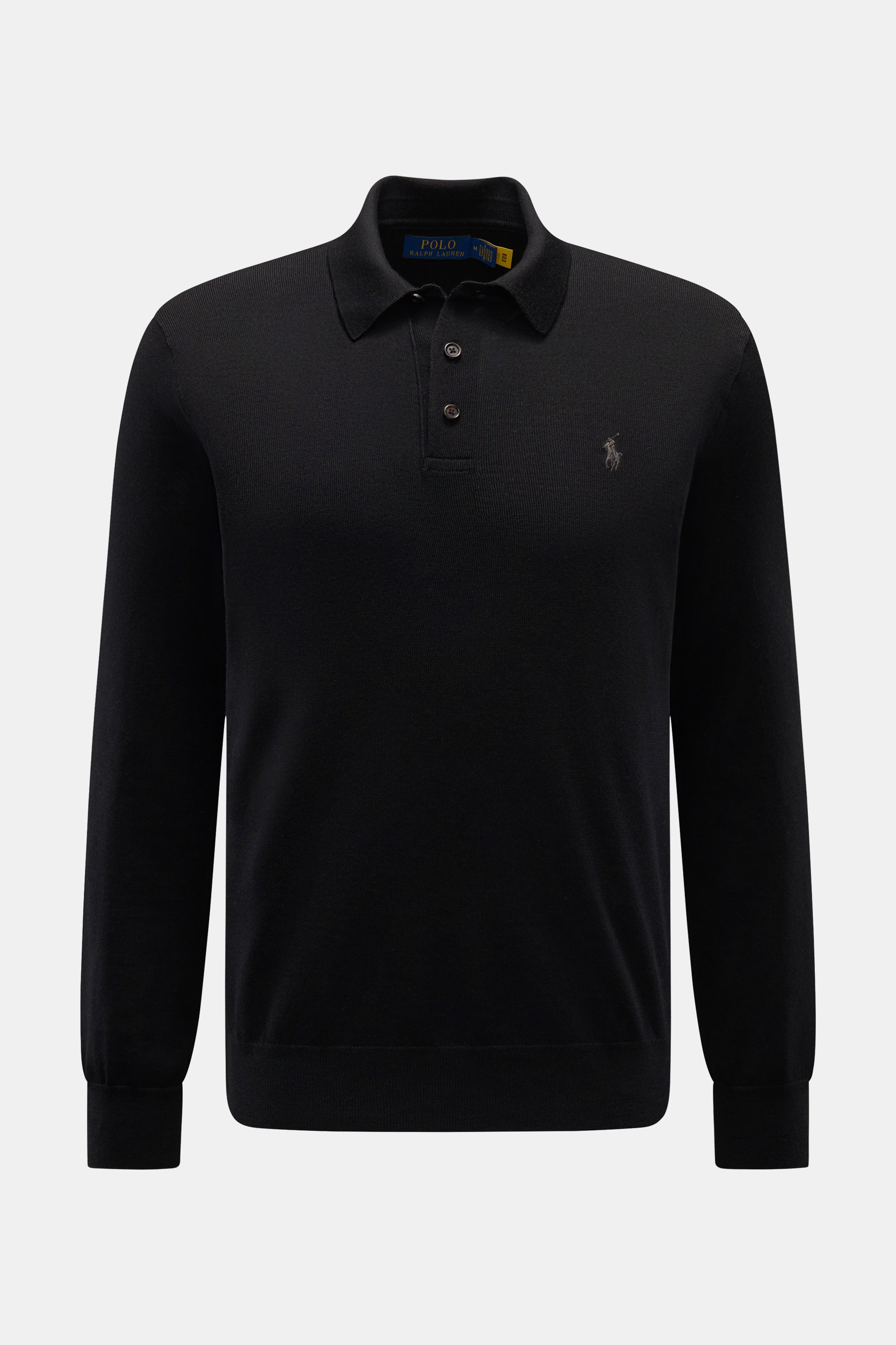Polo Ralph Lauren Strickpolo schwarz, frontale Ansicht, Slim Fit, reine Wolle, weicher Griff, feines Strickbild, Polokragen, 3-Knopf-Leiste, elastische Rippbündchen.