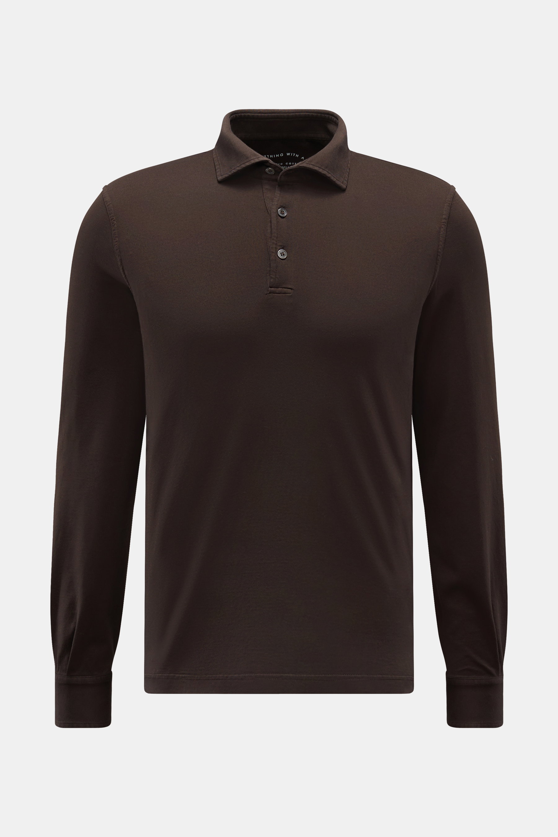 Fedeli Jersey Longsleeve-Poloshirt 'Zero' braun, frontale Ansicht, Slim Fit aus seidiger Giza-Baumwolle mit Perlmuttknöpfen, Polokragen, Manschetten und Saumschlitzen.