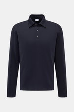 Front view of the 04651/ A trip in a bag Longsleeve-Poloshirt dark navy, a soft piqué-jersey polo shirt made from a cotton-cashmere blend, featuring a regular fit, tailored collar, three-button placket, and a small woven label on the side seam. <p>Dieses 
