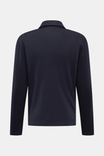 Back view of 04651/ A trip in a bag Longsleeve-Poloshirt dark navy made from soft cotton-cashmere piqué jersey with regular fit, polo collar, three-button placket, and small side seam label. <p>Dieses Longsleeve-Poloshirt von 04651/ A TRIP IN A BAG aus so