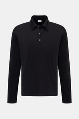Front view of the 04651/ A trip in a bag Longsleeve-Poloshirt schwarz, a black long-sleeve polo shirt made of soft cotton-cashmere piqué jersey with regular fit, structured collar, three-button placket, and small side seam label.

Additional description: 