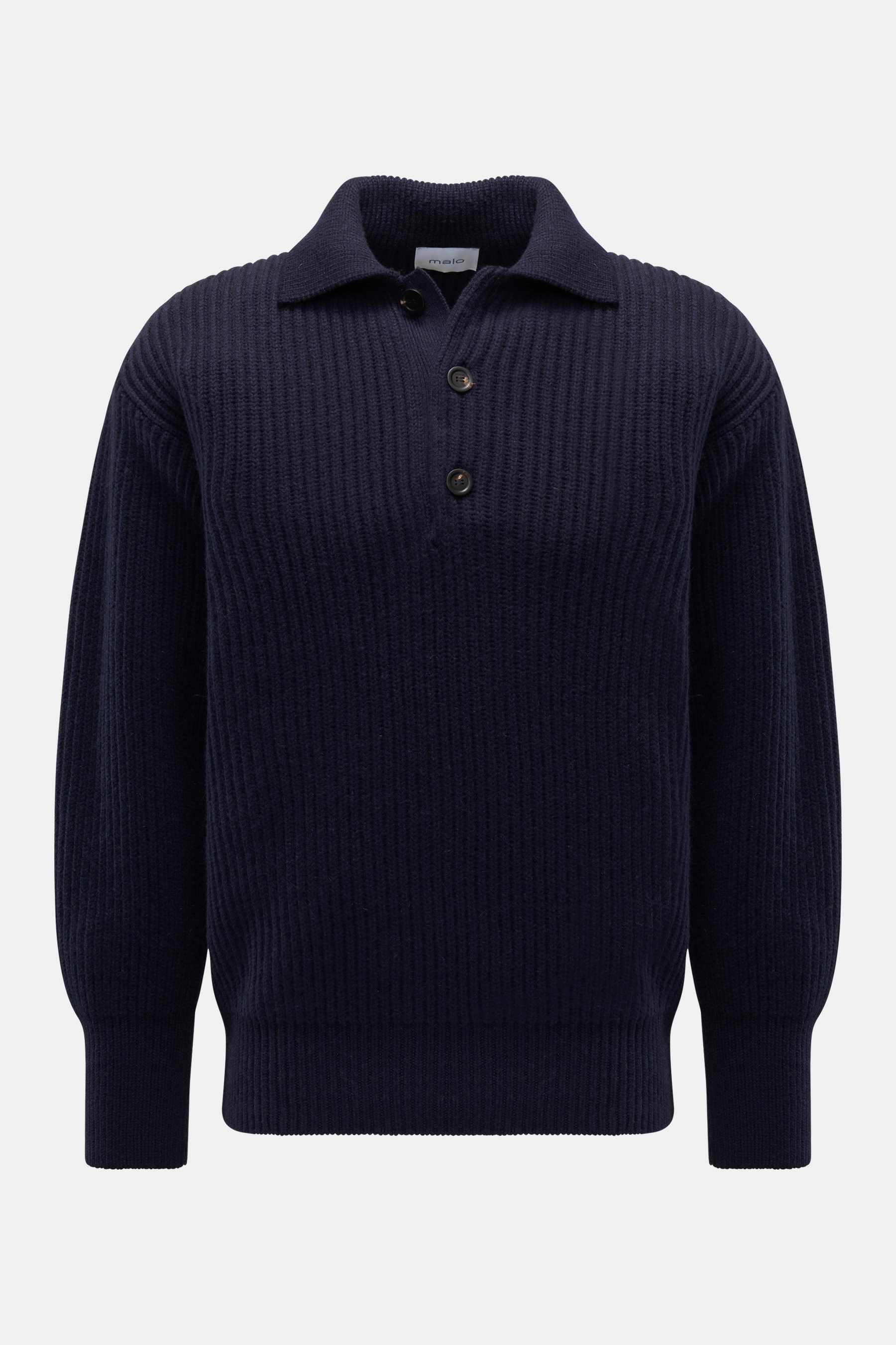 Malo Cashmere Strickpolo navy, frontal fotografiert, Oversized Fit, reiner Cashmere, grober Patent-Strick, Polokragen, drei Knöpfe, elastische Rippbündchen.