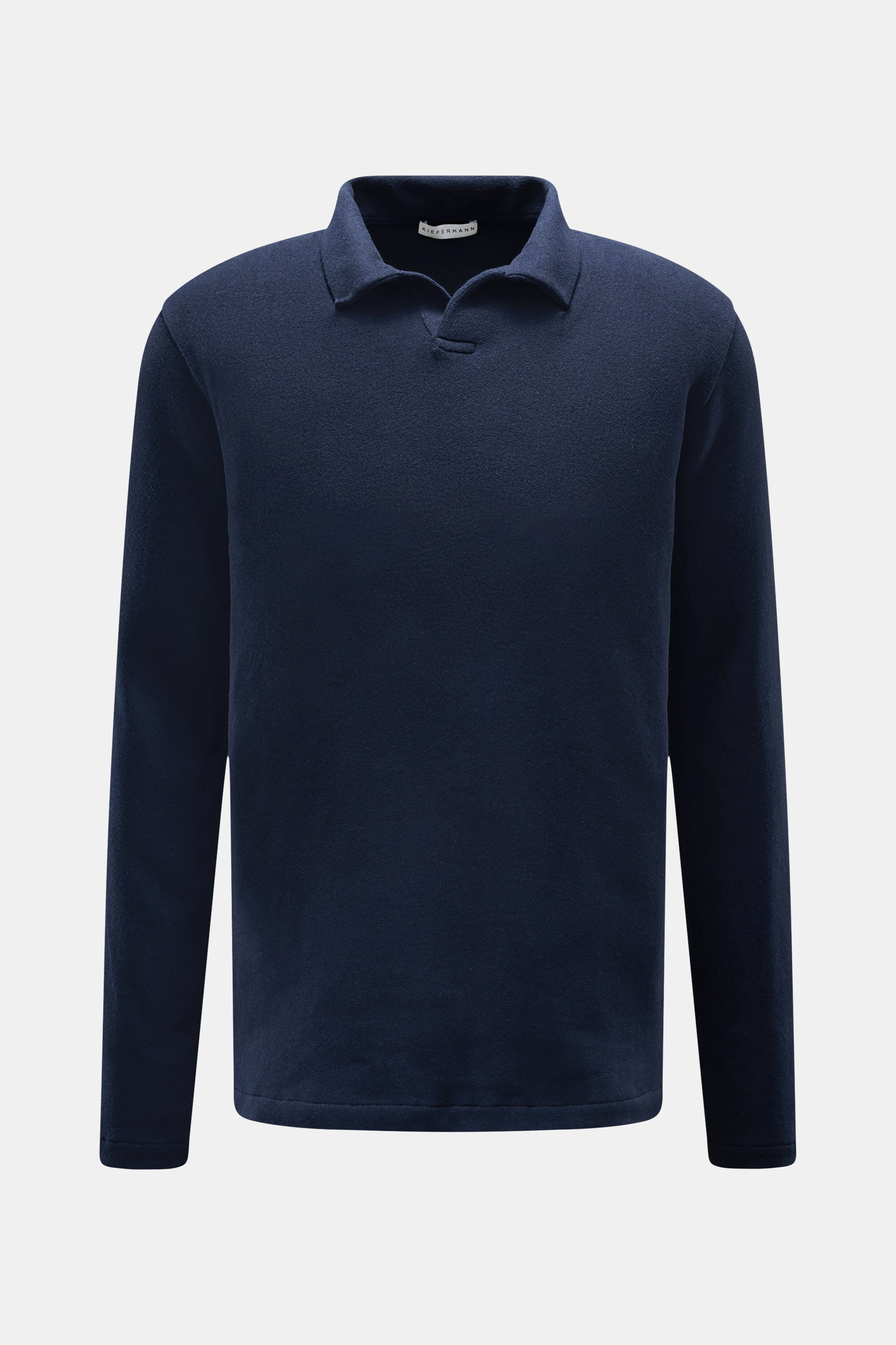 Kiefermann Longsleeve-Poloshirt 'Tonin' navy, frontale Ansicht, schlichtes Design, sportiv, Jersey aus Baumwolle und Microfaser, angeraute Qualität, sehr weich, Regular Fit, Polokragen, offene Kragenleiste.
