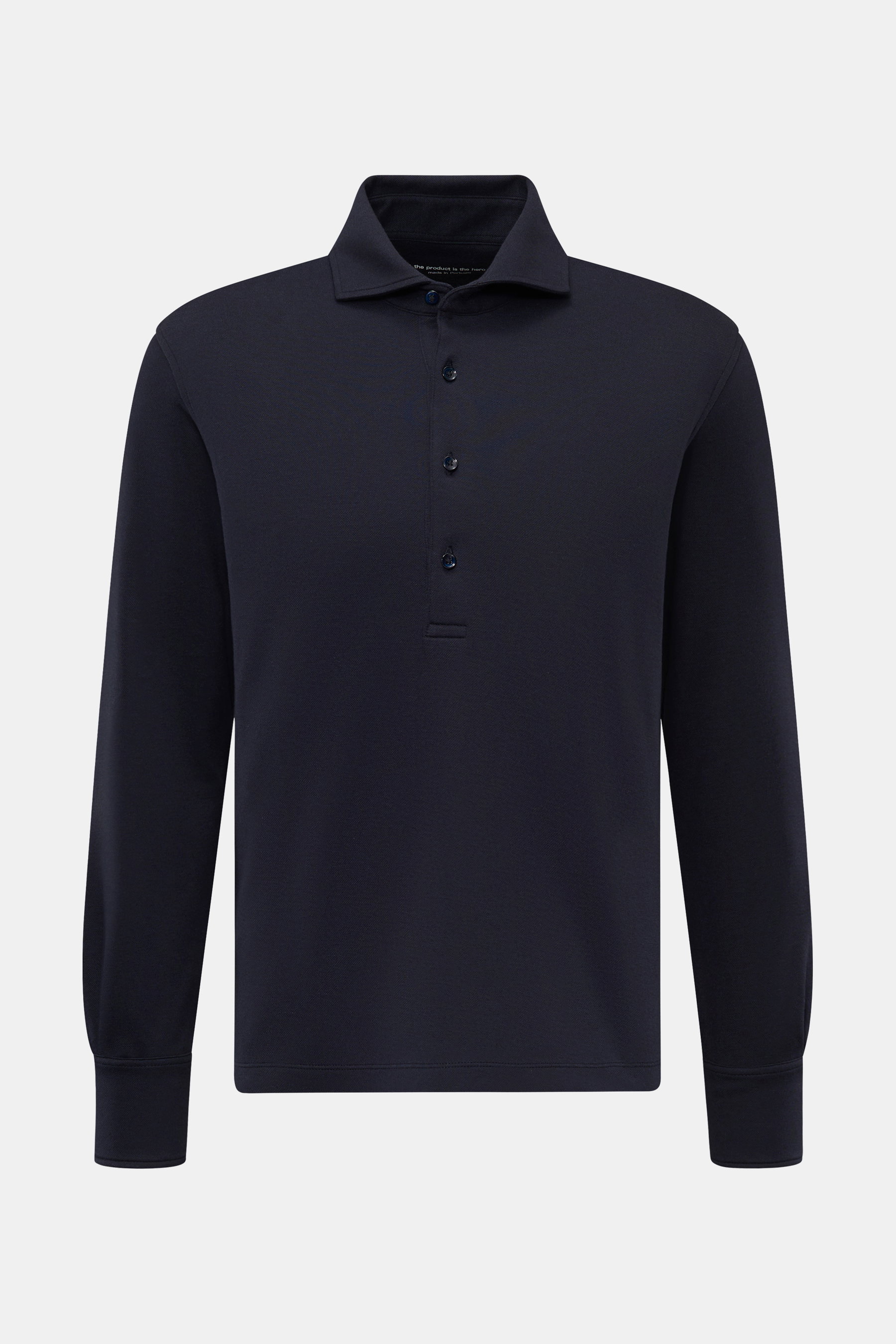The Product is the Hero Longsleeve-Poloshirt navy, frontansicht, langarm, Baumwoll-Cashmere-Piqué, Polokragen Haifischform, Regular Fit.