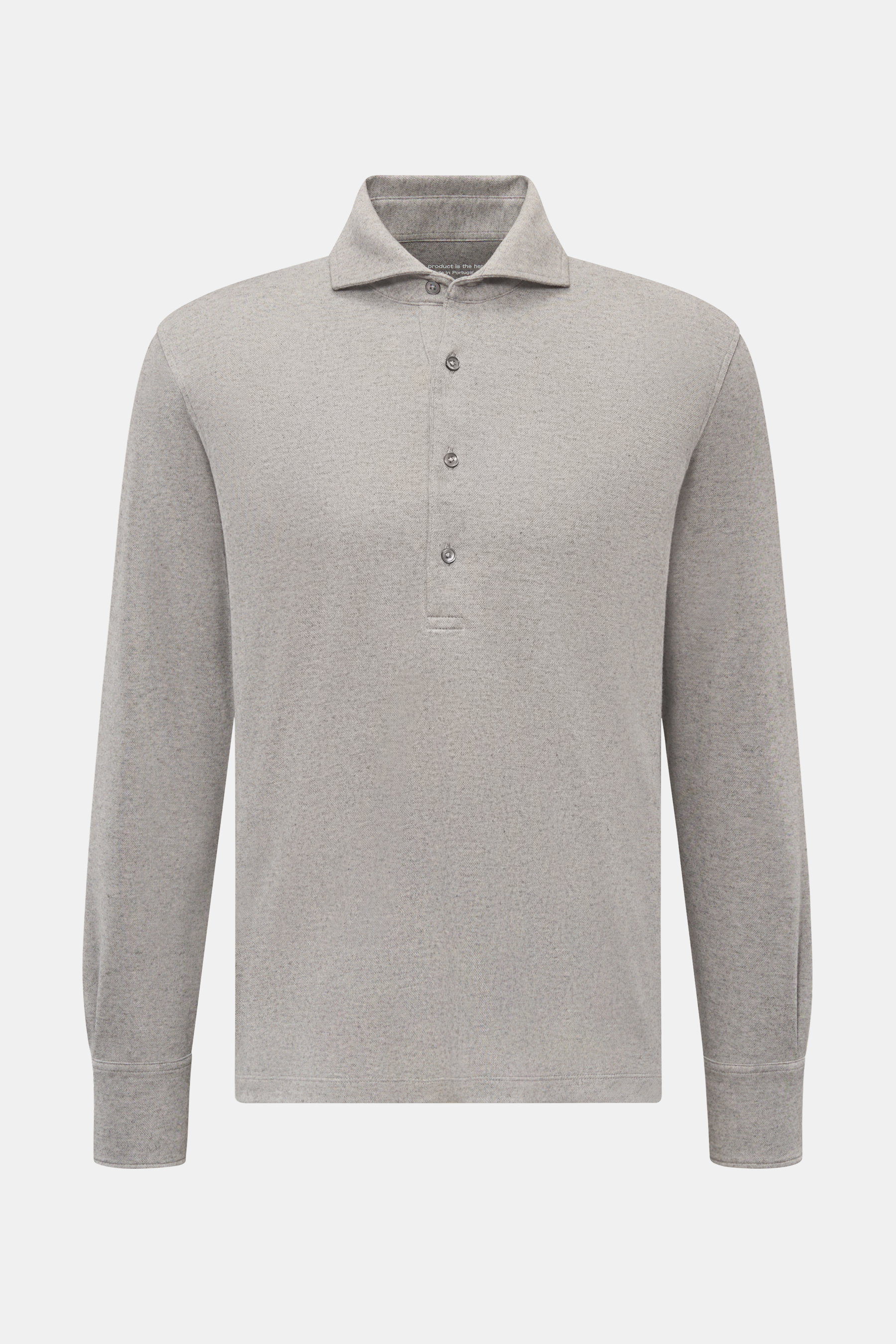 The Product is the Hero Longsleeve-Poloshirt grau meliert, frontale Ansicht, leichtes Piqué aus Baumwolle-Cashmere, Polokragen Haifisch-Form, vier Knöpfe, Regular Fit.