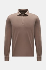 Fedeli Jersey Longsleeve-Poloshirt 'Zero' taupe, frontale Ansicht, Slim Fit, nachhaltige Giza-Bio-Baumwolle, Perlmuttknöpfe, klassischer Polokragen, Seitenschlitze.