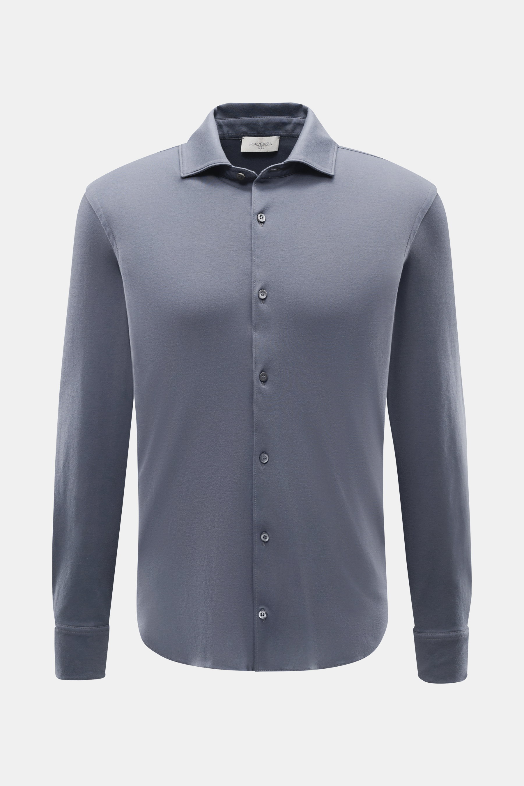 Piacenza 1733 Jersey-Hemd schmaler Kragen graublau, Slim Fit, Jersey aus reiner Baumwolle, klassischer Sportmanschette, Frontansicht.