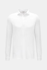Gran Sasso Jersey Longsleeve-Poloshirt weiß, frontal fotografiert, Slim Fit aus Baumwoll-Jersey mit Haifischkragen, Drei-Knopf-Leiste, Sportmanschette und Saumschlitzen.