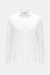 Gran Sasso Jersey Longsleeve-Poloshirt weiß, frontal fotografiert, Slim Fit aus Baumwoll-Jersey mit Haifischkragen, Drei-Knopf-Leiste, Sportmanschette und Saumschlitzen.