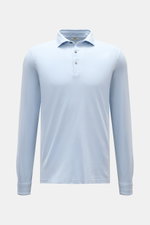 Gran Sasso Jersey Longsleeve-Poloshirt hellblau frontal fotografiert, Slim Fit, Baumwoll-Jersey, Haifischkragen, Drei-Knopf-Leiste, Sportmanschetten, Saumschlitze.