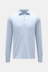 Gran Sasso Jersey Longsleeve-Poloshirt hellblau frontal fotografiert, Slim Fit, Baumwoll-Jersey, Haifischkragen, Drei-Knopf-Leiste, Sportmanschetten, Saumschlitze.