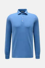 BRAUN Hamburg Jersey Longsleeve-Poloshirt blau, frontal fotografiert, Slim Fit, reine Baumwolle, Haifischkragen, glatte Drei-Knopf-Leiste, Sportmanschette, Saumschlitze.