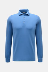BRAUN Hamburg Jersey Longsleeve-Poloshirt blau, frontal fotografiert, Slim Fit, reine Baumwolle, Haifischkragen, glatte Drei-Knopf-Leiste, Sportmanschette, Saumschlitze.