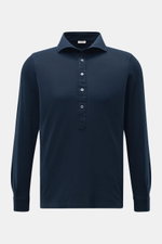BRAUN Hamburg Longsleeve-Poloshirt navy, slim fit, Baumwoll-Piqué, Haifisch-Kragen, Fünf-Knopf-Leiste, Sportmanschetten, frontal fotografiert.